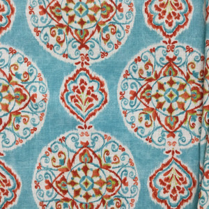 Medallion Design Fabric in Sky Blue / Orange / White | Home Decor / Drapery | Linen Like | 54" Wide | By the Yard | Mirage Medallion in Capri