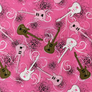 Rock On | Electric Guitars | Brown and Pink On Bright Pink | Quilting Fabric | 100% Cotton | 44 Wide | By The Yard