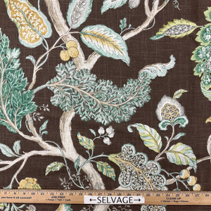 Jacobean Tree Home Decor Fabric | Brown / Green / Yellow | Curtains / Light Upholstery | Linen / Rayon | 54" Wide | By the Yard | Kaufmann "Ravello" Chestnut