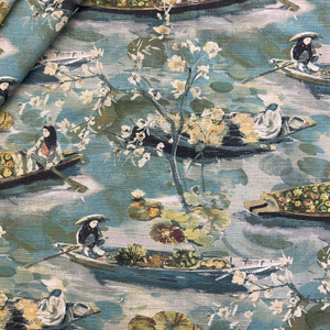 Bangkok Digital Linen Floating Market Toile Lagoon | Medium Weight Linen Fabric | Home Decor Fabric | 56" Wide