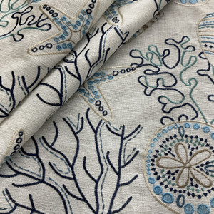 Claridge Home Mermaid Beach Woven Embroidered Blue | Medium Weight Basketweave Fabric | Home Decor Fabric | 54" Wide