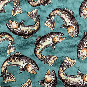 Sea Trout | Fish Themed | Ocean Green / Black / Brown | Sea Fishing by Alice Hickey|  Quilting Fabric | 100% Cotton | 44 wide | By the Yard