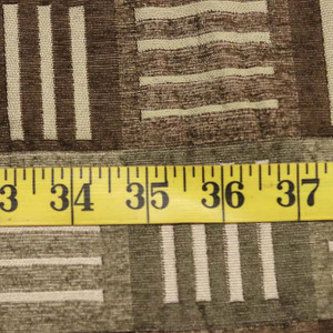 4.75 Yard Piece of Geometric Fabric In Green and Brown Stripe Squares Upholstery Fabric