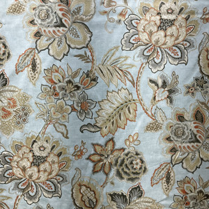 Sri Lanken Rose in Monsoon | Home Decor Fabric | Jacobean Floral in Light Blue / Orange / Grey |  Waverly | Medium Weight | 54" Wide | By the Yard
