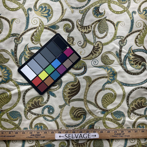Felicity in Citron | Jacquard Upholstery Fabric | Foliage Scrollwork in Blue / Green / White | Medium Weight | 54" Wide | By The Yard