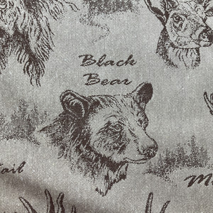 Wildlife in Doeskin | Upholstery Fabric | Moose / Bear on Herringbone | Tan / Brown | Medium Weight | 54" Wide | By the Yard