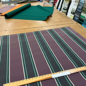 Recacril Stripes in Dark Plum, Green, Red, and Beige | Waterproof Awning & Marine Canvas | 100% Solution Dyed Acrylic | 46" Wide | By the Yard