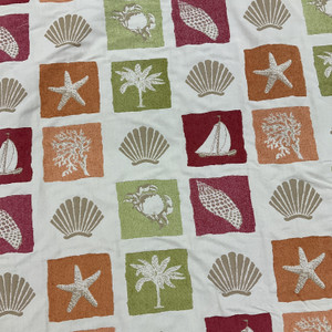 2 Yard Piece of Beach Fabric Shell Seastar Crab Palm Coral Designer Upholstery Pink Orange Green