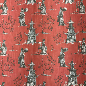 Asian Toile in Scarlet | Home Decor / Curtain Fabric | Slub Canvas | Muted Red / Grey / Blue / White | Premier Prints | 100% Cotton | 54" Wide | By the Yard