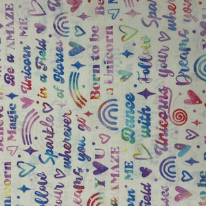 Sparkle Magic Words in White Multi | Northcott | Quilting Fabric | 44" Wide | 100% Cotton | Hearts / Rainbows | Pink / Purple / Blue / Yellow / Green