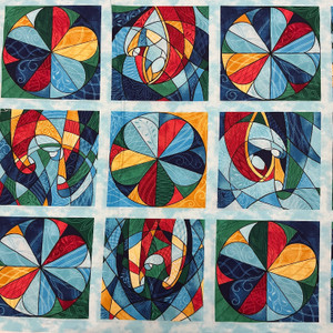 Nativity Blocks PANEL(24x44) in Turquoise Multi | Northcott | Quilting Fabric | 44" Wide | 100% Cotton | Stained Glass Shapes | Blue / Green / Red / Yellow