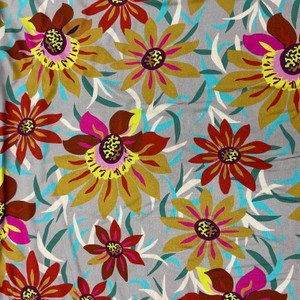 Trade Winds Treasure Flower Dusk | Figo Fabrics | Apparel Fabric / Blouse / Skirt | 52" Wide | 100% Rayon | Floral | Grey / Gold / Red / Pink / Blue