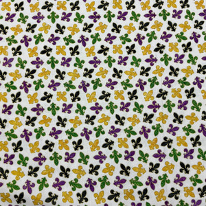 Mardi Gras Fleur De Lis Toss in White Multi | Northcott | Quilting Fabric | 44" Wide | 100% Cotton | Fleur De Lis | Purple / Black / Gold / Green / White