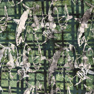 Into the Deep Sharks in Grass | Banyan Batiks | Quilting Fabric | 44" Wide | 100% Cotton | Sharks | Green / Grey / White