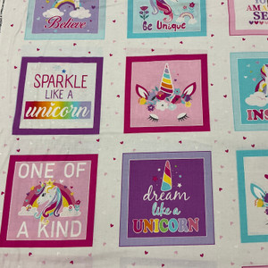 Unicorn Magic Boxes PANEL(23.5x44) in White | Benartex | Quilting Fabric | 44" Wide | 100% Cotton | Unicorns / Words | Pink / Blue / Purple / Yellow / White