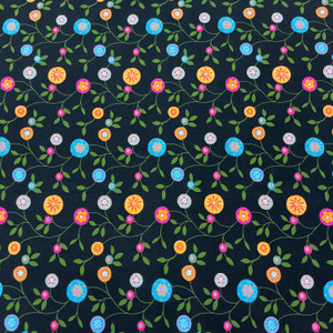 Folktown Cats Folktown Medallion Trail in Black | Benartex | Quilting Fabric | 44" Wide | 100% Cotton | Floral | Black / Orange / Pink / Blue / Green