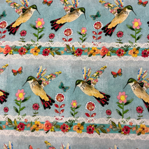 Be the Light Garden of Light Stripe in Turquoise Multi | Benartex | Quilting Fabric | 44" Wide | 100% Cotton | Hummingbird / Flowers | Blue / Red / Yellow / Green / White
