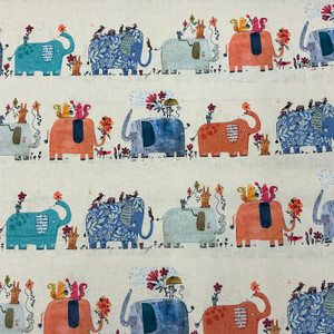 Elephant Joy Stripe in Light Yellow Multi | Benartex | Quilting Fabric | 44" Wide | 100% Cotton | Elephant / Flowers | Yellow / Grey / Blue / White / Orange