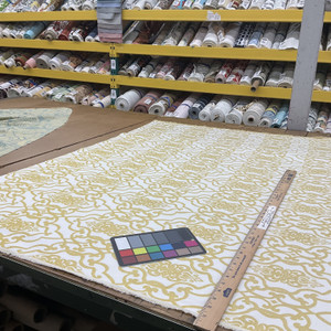 Golden Yellow Lattice Scroll on White Damask Upholstery / Drapery Fabric 54"W