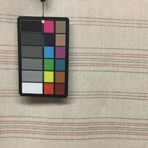 Red and Silver Stripe on Off White | Poly/Linen Upholstery Fabric | Fleece Back