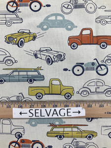 Vintage Cars and Trucks in Blue / Orange / Yellow | Home Decor Fabric | 54 Wide