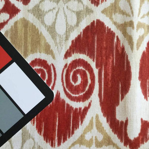 Ikat Scrollwork in Red, Beige, and White | Outdoor Upholstery Fabric | 54 Wide