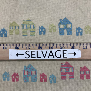 Vintage Houses Tan / Red / Blue | Heavyweight Upholstery Fabric | 54 Wide | BTY