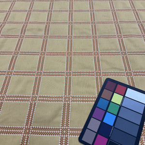 Yellow with Checked Grid | Red / Orange | Upholstery / Slipcover Fabric | 54 W