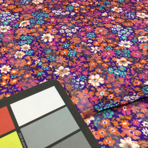 Purple Shadow Stripe floral silky print | pink, orange, white and teal flowers | 45 " wide | 100% polyester Fabric