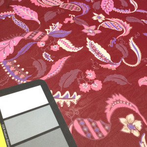 Burgundy Floral Poly Chiffon Print | Pink, Purple and Ivory Leaves in Scroll | 45" Wide | 100% Polyester Fabric