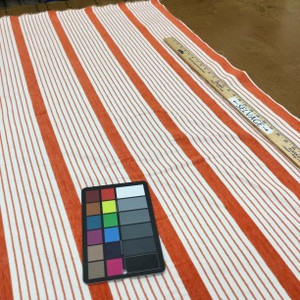 Orange and White Stripes | Porter Stripe in Coral by BELLA-DURA | Latex Backed | Indoor / Outdoor Fabric | WATER RESISTANT | 54" Wide | BTY