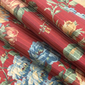 Semi-Sheer Antique Striped Floral | Red / Blue / Green | Sheer Lightweight Drapery Fabric | 54" Wide | By the Yard