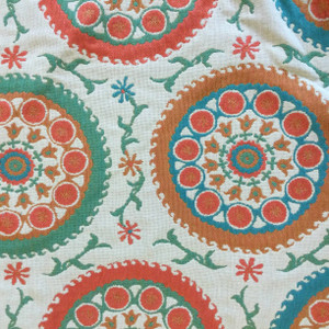 Suzette in color Cream | Medallions in Orange / Beige / Green | Upholstery Fabric | Regal Fabrics Brand | 54" Wide | By the Yard
