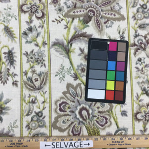 Satin Stitch in Putty | Ikat Striped Floral in Green / Taupe / Off-White | Upholstery / Drapery Fabric | Braemore | 54" Wide | By the Yard