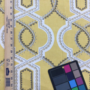 Turnabout in Gold | Decorative Lattice in Yellow / Grey / White | Upholstery / Drapery Fabric | P/Kaufmann | 54" Wide | By the Yard