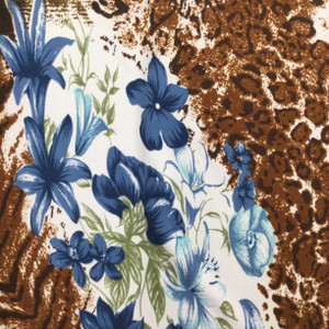 Blue Floral on Brown Animal Print Jersey Knit Print Fabric | Clothing and Apparel | 48 inch Wide | By The Yard
