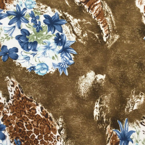 Blue Floral on Brown Animal Print Jersey Knit Print Fabric | Clothing and Apparel | 48 inch Wide | By The Yard