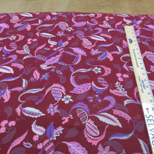 Burgundy Floral Poly Chiffon Fabric  | Pink, Purple Ivory Leaves in Scroll | Clothing and Apparel | By The Yard  45 inch Wide