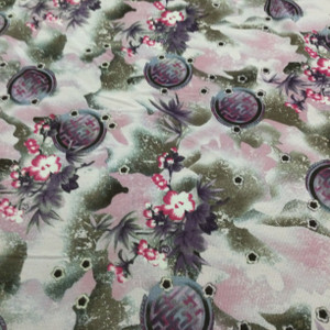 Asian Medallion In Pink and Gray | Lightweight Semi Sheer Mesh Jersey Knit Fabric | Clothing and Apparel | By The Yard | 45 Inch Wide