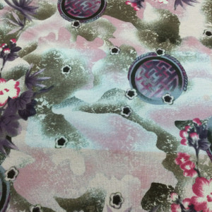 Asian Medallion In Pink and Gray | Lightweight Semi Sheer Mesh Jersey Knit Fabric | Clothing and Apparel | By The Yard | 45 Inch Wide