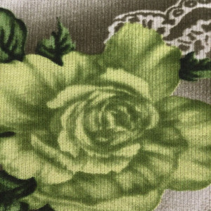 Olive Green and Grey Roses and Lace Polyester Jersey Fabric |  Lightweight Sheer Mesh Knit Stretch Fabric | Clothing and Apparel | By The Yard | 45 inch Wide