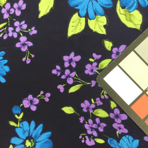 Pretty Daisies in Teal and Purple on Navy | Polyester Silky Print Fabric | Clothing and Apparel | 60 inch Wide | By The yard