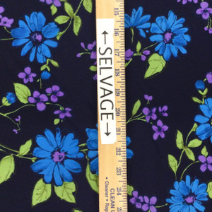 Pretty Daisies in Teal and Purple on Navy | Polyester Silky Print Fabric | Clothing and Apparel | 60 inch Wide | By The yard
