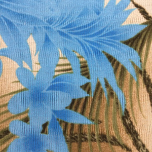 Tropical Ferns in Turquoise and Olive Green on Tan | Sheer Mesh Knit Stretch Fabric | Clothing and Apparel | By the Yard | 45 Inch wide