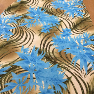 Tropical Ferns in Turquoise and Olive Green on Tan | Sheer Mesh Knit Stretch Fabric | Clothing and Apparel | By the Yard | 45 Inch wide