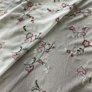 White  with Pink Floral Embroidered Mesh Knit Fashion Fabric / Clothing and Apparel / Sheer / 46 wide / Polyester / Sold by the Yard