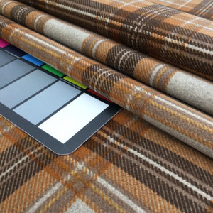 Tartan Plaid Velvet Fabric | Orange, Taupe, Grey | Heavyweight Upholstery | Microfiber Velvet | 54 wide | By The Yard
