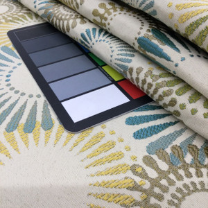 Grand Carousel in Turquoise | Upholstery & Heavy Curtain Fabric | Decorative Circles in Turquoise Blue / Gold / Off White | 54 wide | By The Yard