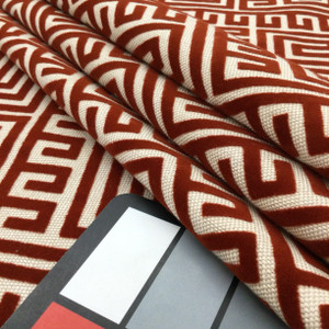 Greek Key Maze Cut Velvet Fabric in Red | Heavyweight Upholstery | 54" Wide | By the Yard