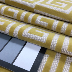 Greek Key Cut Velvet Fabric in Mustard Yellow | Heavyweight Upholstery | 54" Wide | By the Yard | Amaze in Dijon
